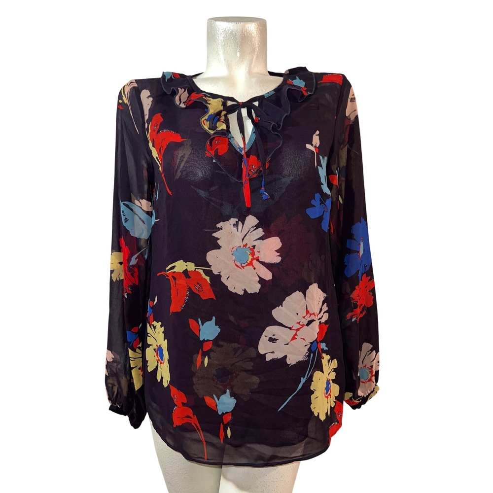 Cabi Top 3859 Women Floral Ruffle Tie Neck Sheer Blouse Navy Purple Small LS